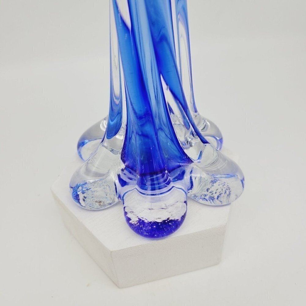 Vintage Cobalt Blue Encased Twisted Blue Art Glass Vase Elephant Foot Base 11.5" - Picture 3 of 7